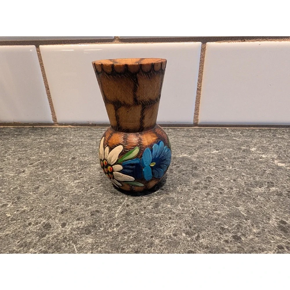 Hand‎ Carved Wooden Bud Vase Folk Art Hand Painted Flowers SIGNED